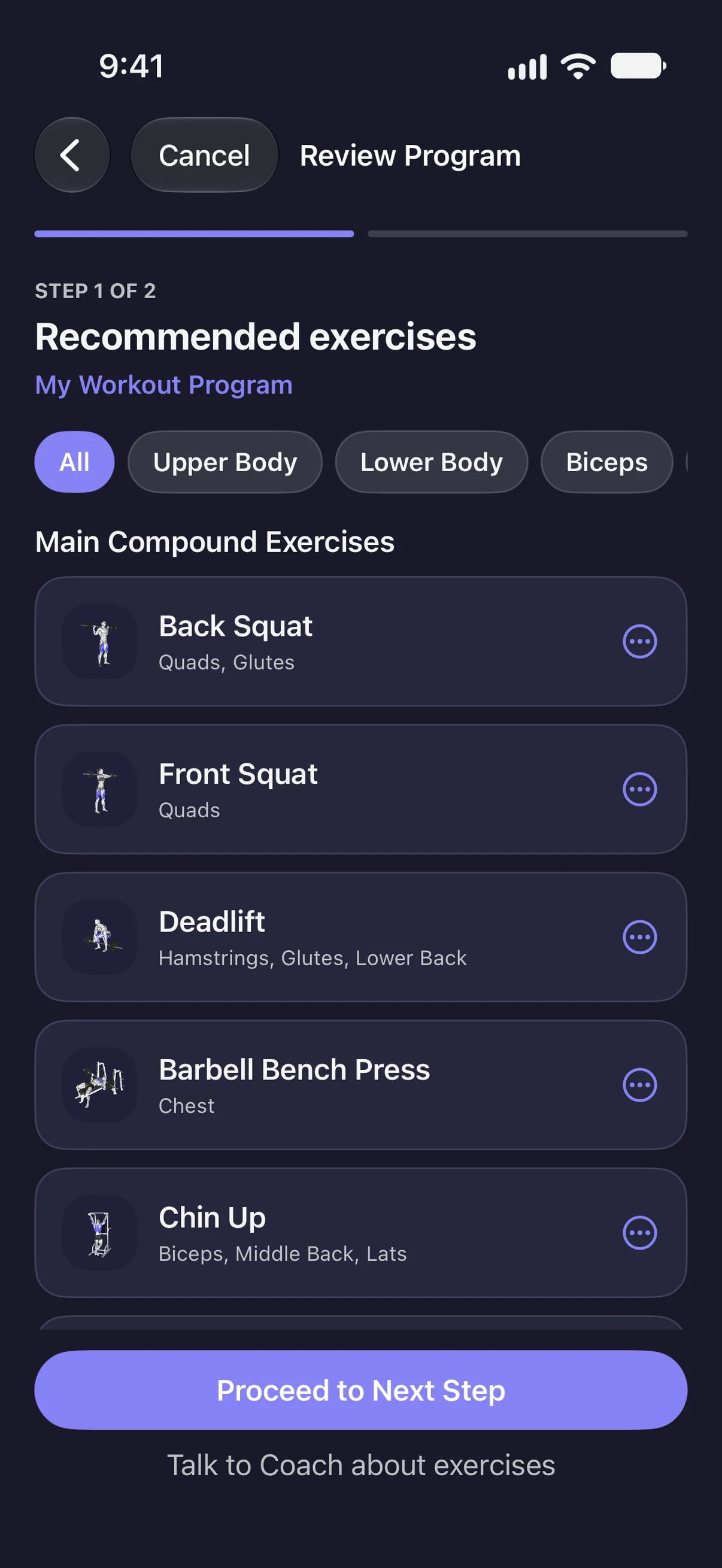 Program Builder's review, step 1 of 2: recommended exercises for My Workout Program, starting with Back Squat, Front Squat, Deadlift, Barbell Bench Press and Chin Up, each with its muscles