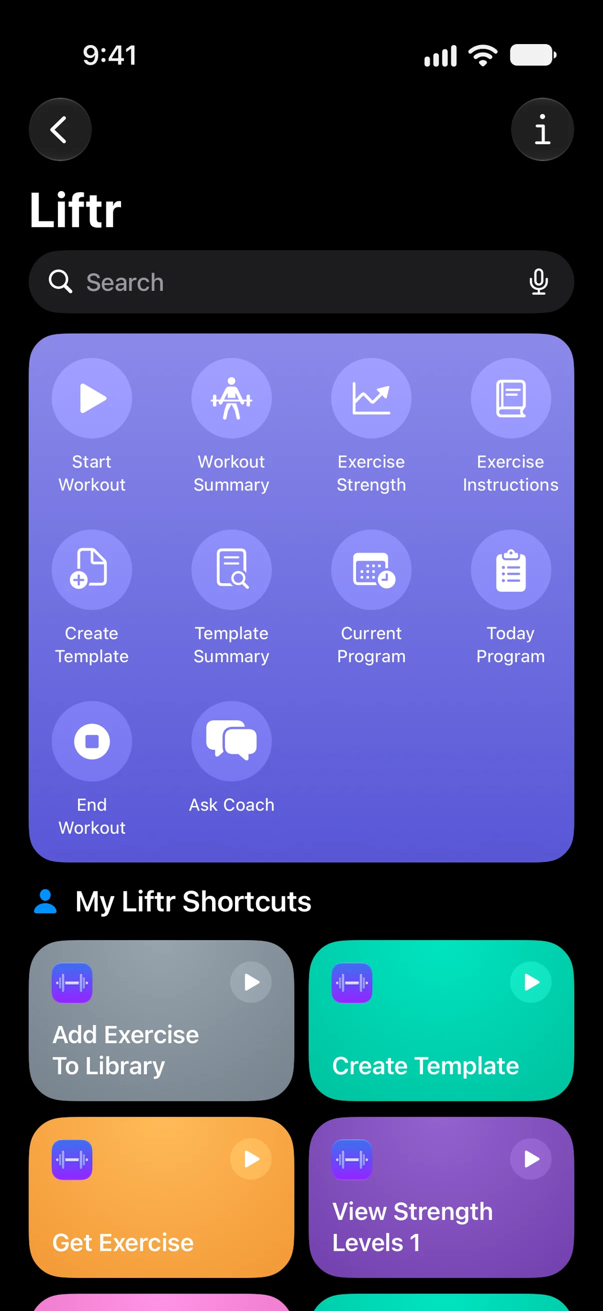 Liftr in the Shortcuts app: Start Workout, Workout Summary, Exercise Strength, Exercise Instructions, Create Template, Template Summary, Current Program, Today Program, End Workout and Ask Coach