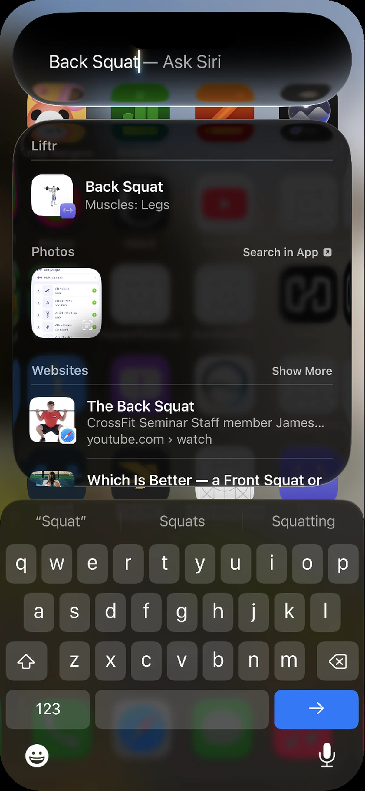 Spotlight search for Back Squat on iPhone, with Liftr's Back Squat exercise, muscles: legs, at the top
