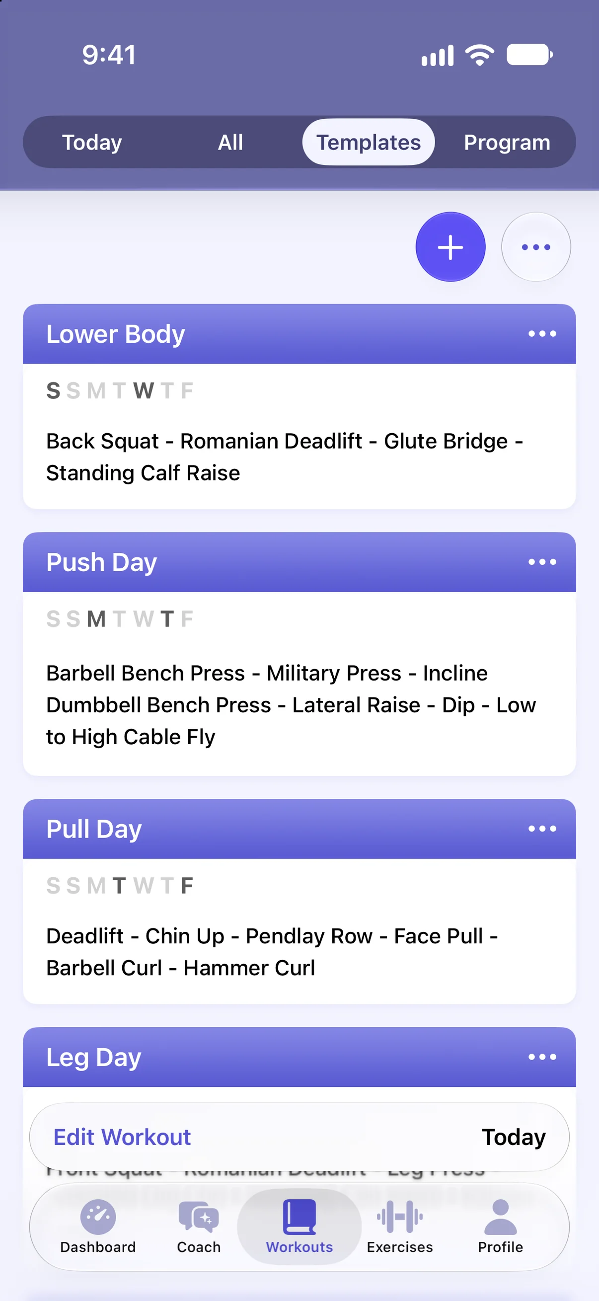 Liftr templates: Lower Body, Push Day, Pull Day and Leg Day, each with its exercises and the days it is scheduled