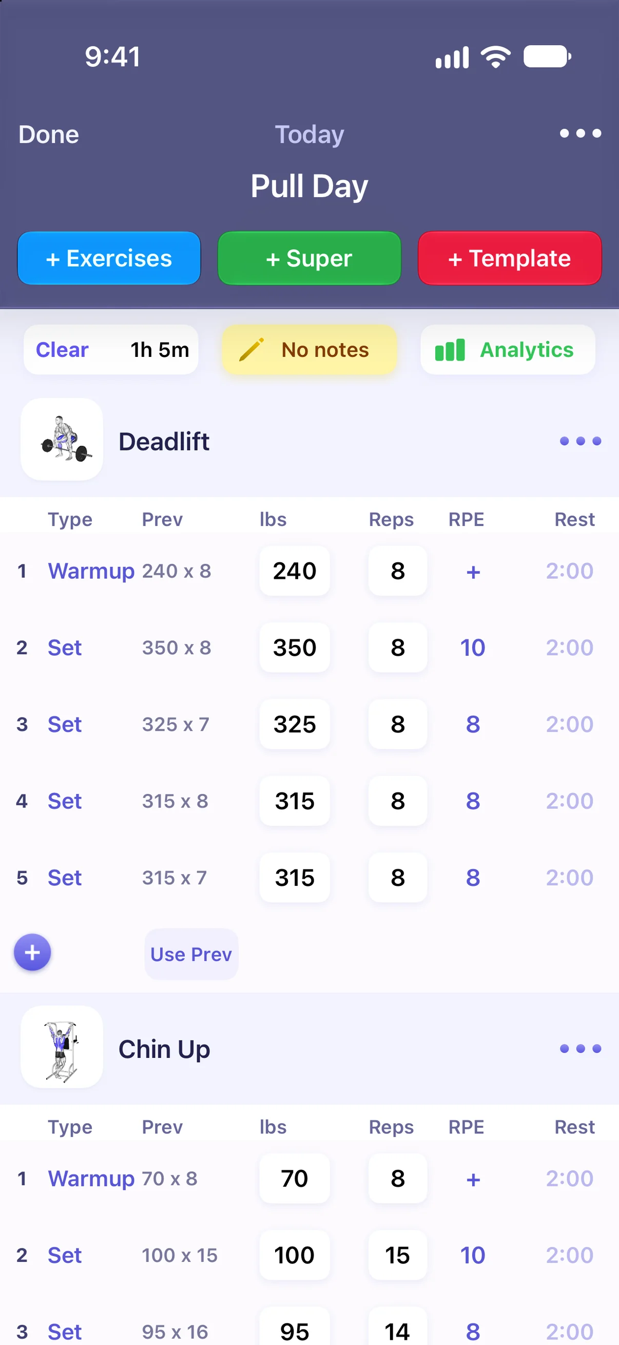 Logging a Pull Day workout in Liftr: Deadlift and Chin Up sets with previous weights, reps, RPE and rest