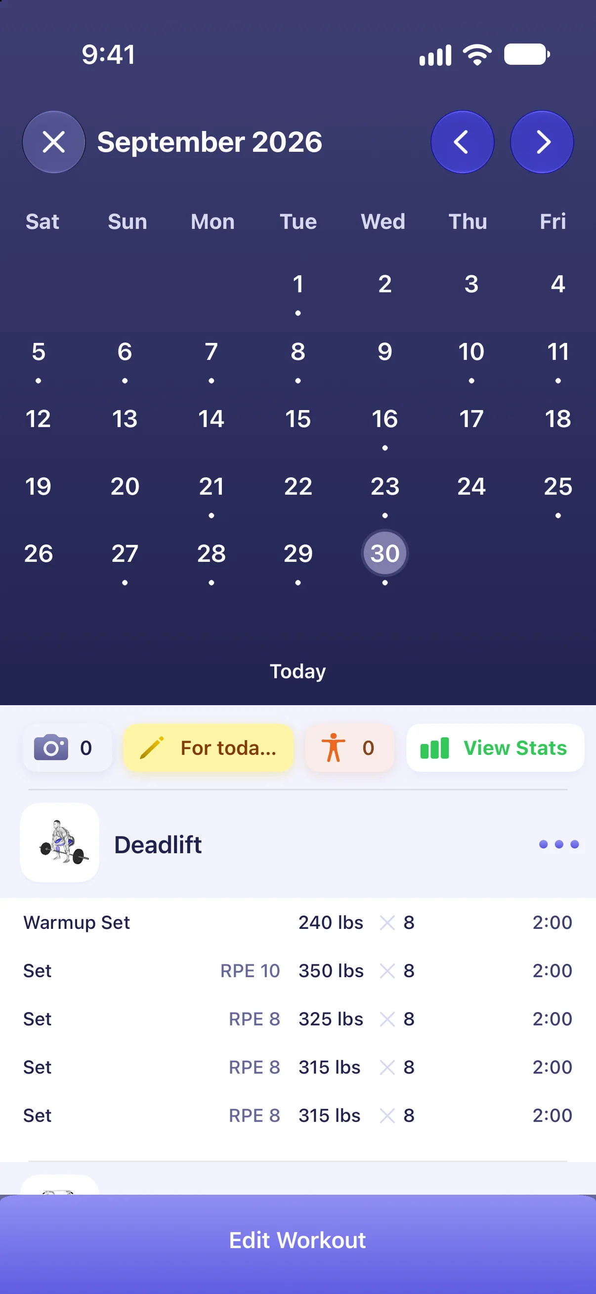 Liftr workout calendar for September 2026, with a Deadlift workout below it