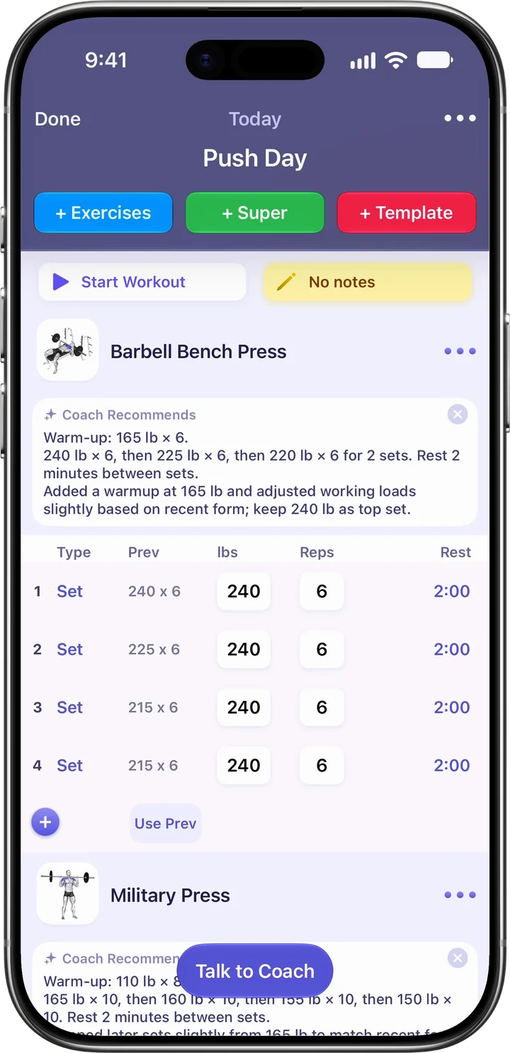 A Push Day workout in Liftr: Barbell Bench Press with a Coach Recommends note for the warm-up and working sets, above four sets with previous weights and reps