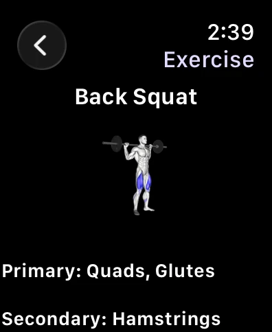 Liftr on Apple Watch showing Back Squat with its primary and secondary muscles