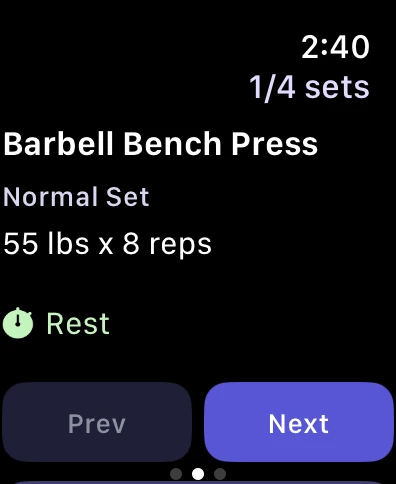Liftr on Apple Watch logging Barbell Bench Press: normal set, 55 lb for 8 reps, with Prev and Next buttons